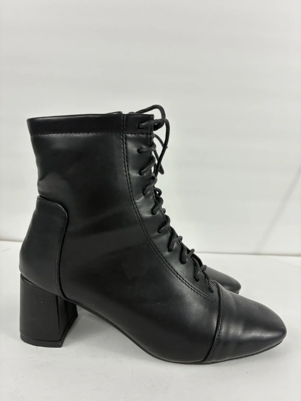 Witchy Lace-up Witch Boots Black Square Toe Fitted Ankle Smooth Vegan Leather